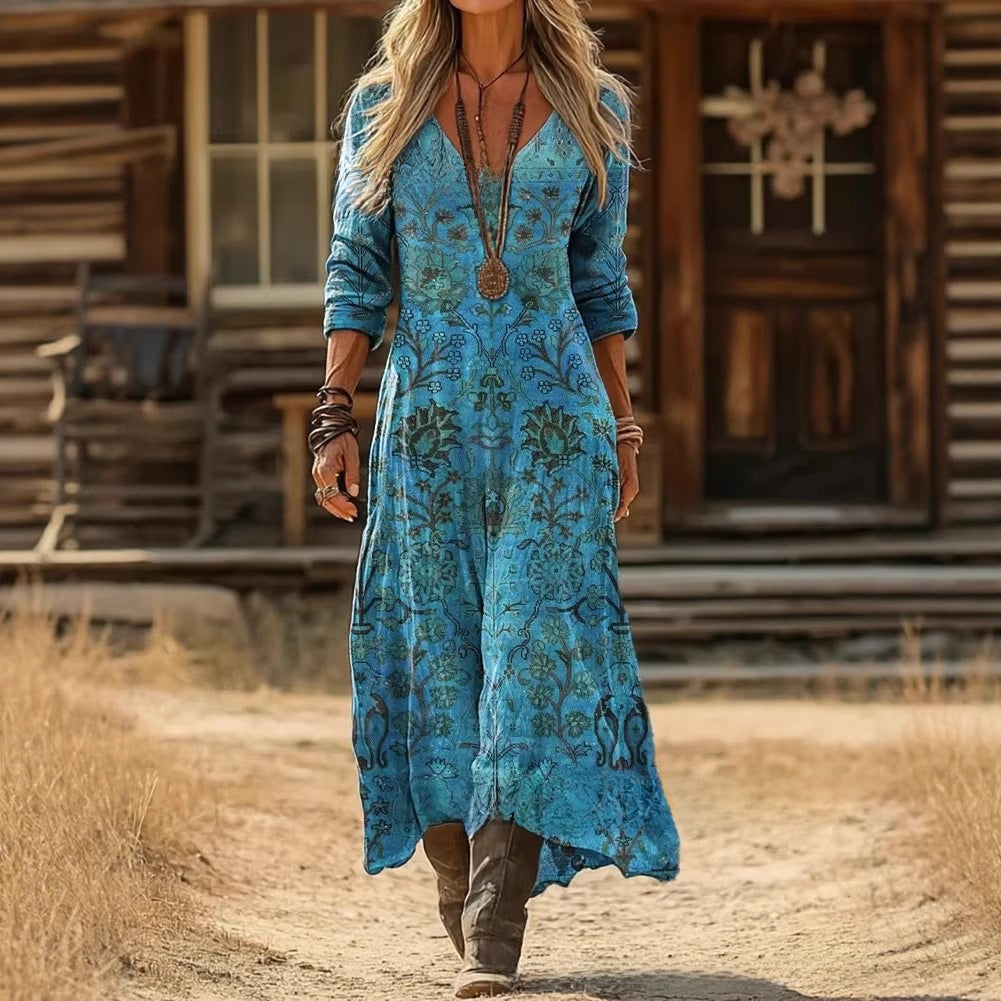 Women's printed long-sleeved V-neck dress