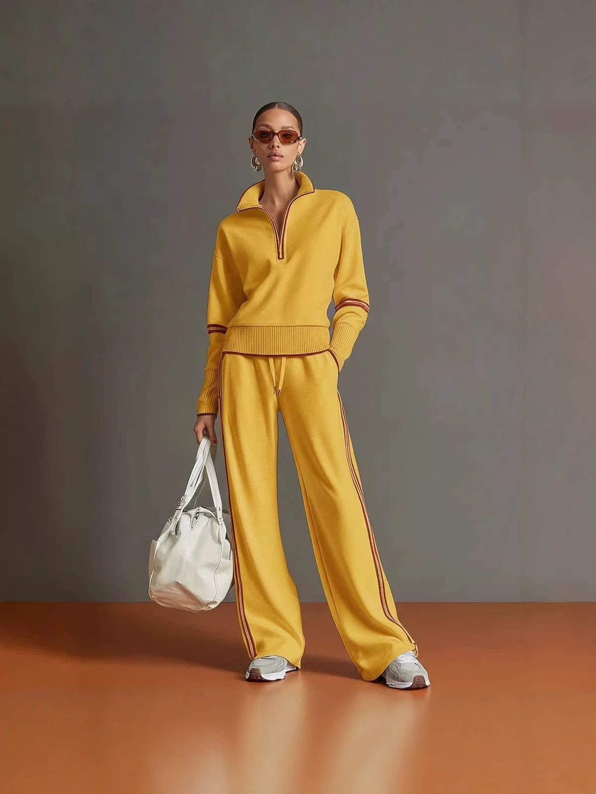 Women's Half Zip Knit Set with Wide Leg Pants
