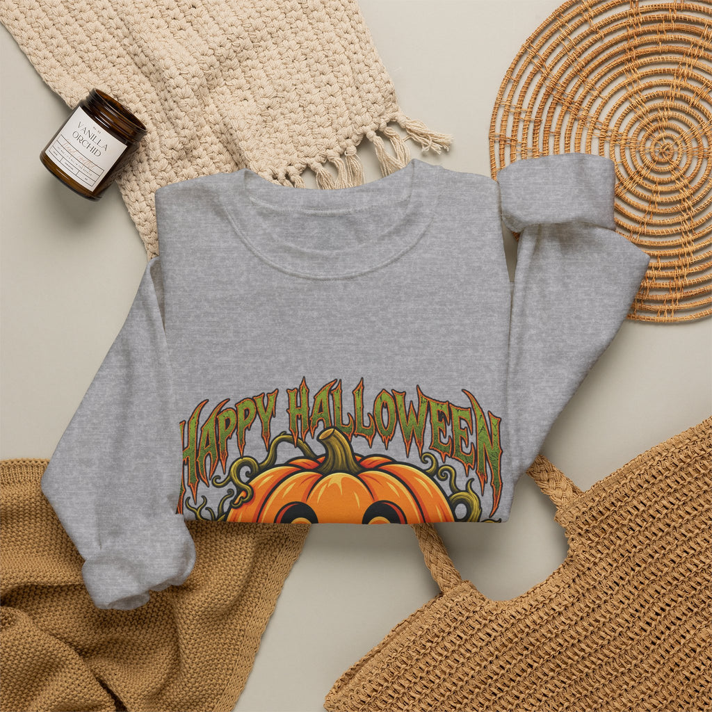 Halloween Pumpkin Crewneck Sweatshirt – "Happy Halloween" Jack-O'-Lantern Graphic
