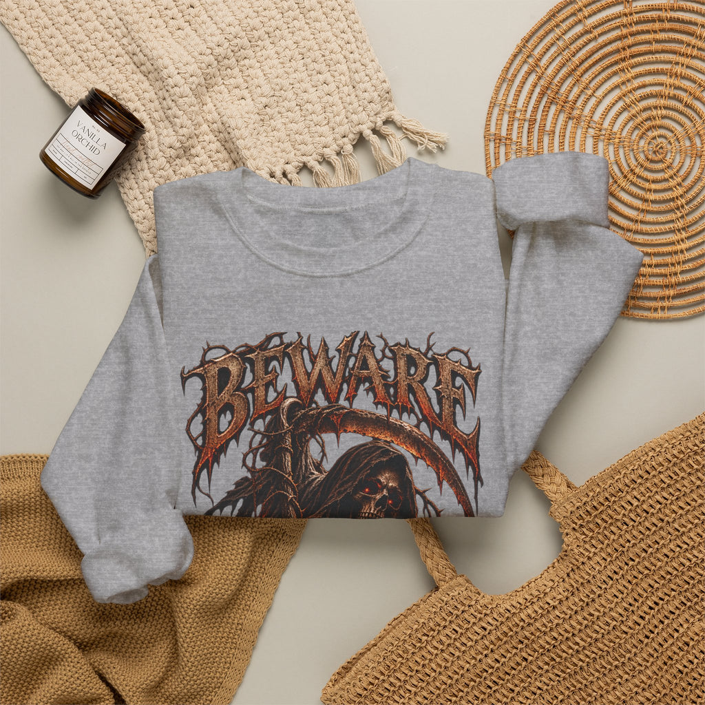 Beware Grim Reaper Sweatshirt — Gothic Skeleton Crewneck