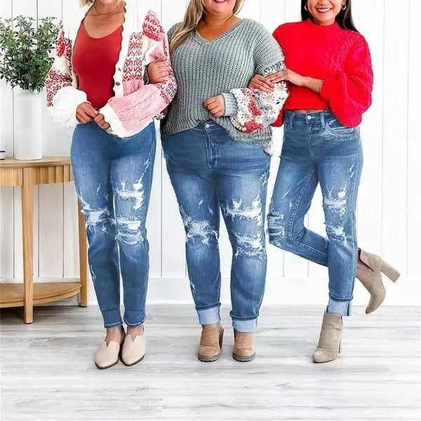 Women's High Waist Loose Fit Distressed Jeans
