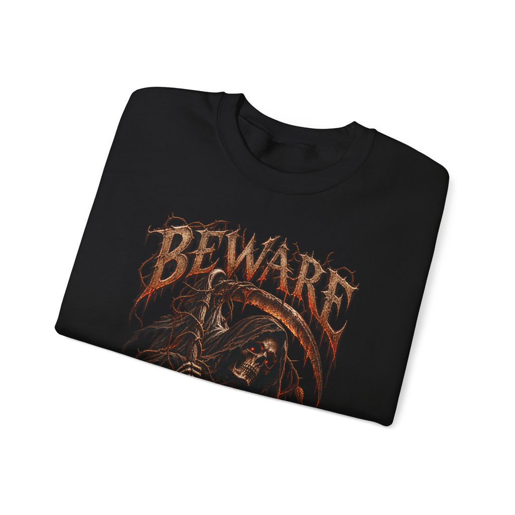 Beware Grim Reaper Sweatshirt — Gothic Skeleton Crewneck