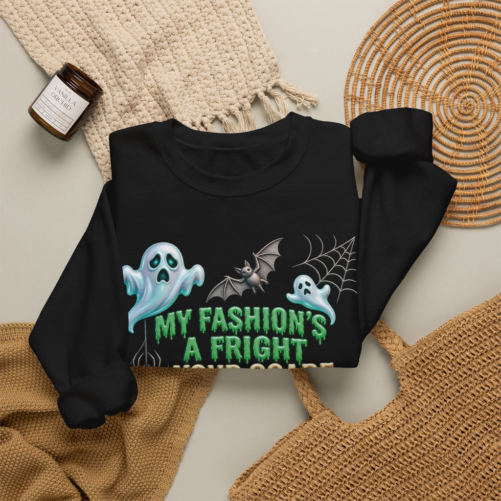 Halloween Ghost Crewneck Sweatshirt — "My Fashion's a Fright, Your Scare Is a Sight"