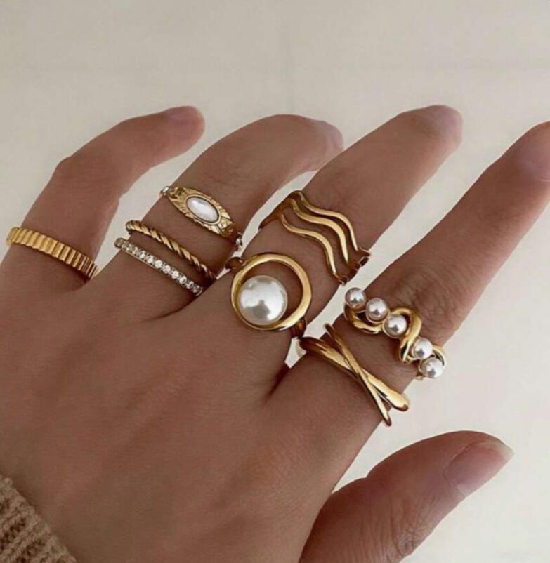 Stackable Gemstone Pearl Open Wide Rings for Women