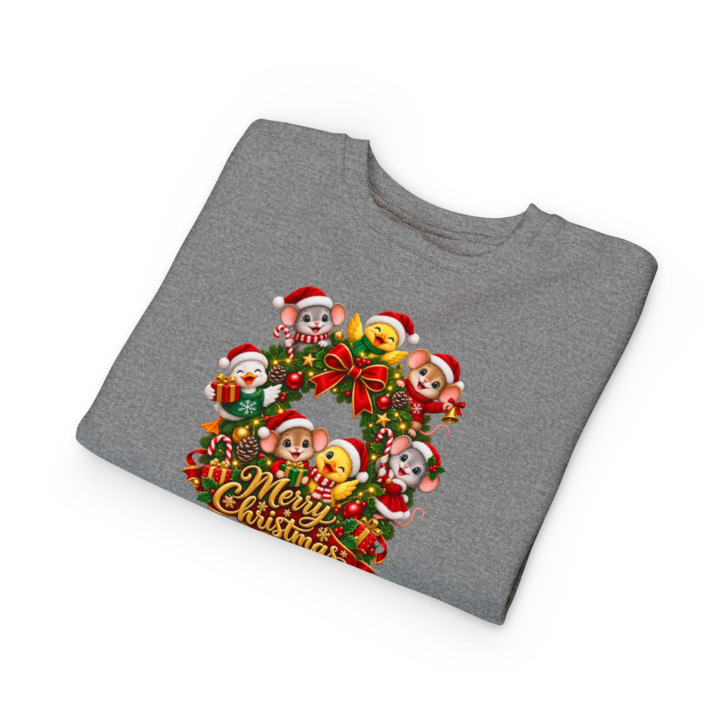 Toddler Sweatshirt — Merry Christmas Animal Wreath Holiday Crewneck