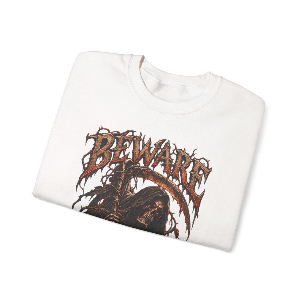 Beware Grim Reaper Sweatshirt — Gothic Skeleton Crewneck