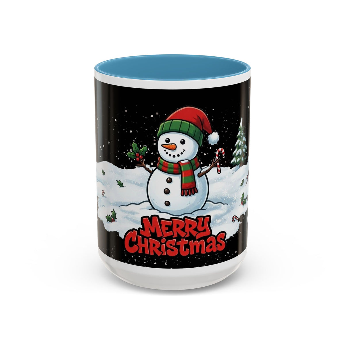 Merry Christmas Snowman Accent Coffee Mug — Festive Holiday 11/15oz