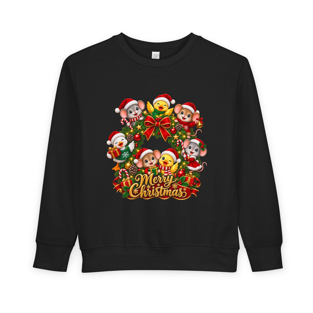 Toddler Sweatshirt — Merry Christmas Animal Wreath Holiday Crewneck