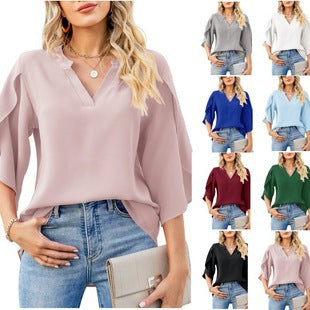 Womens Fashion Solid VNeck Chiffon Blouse