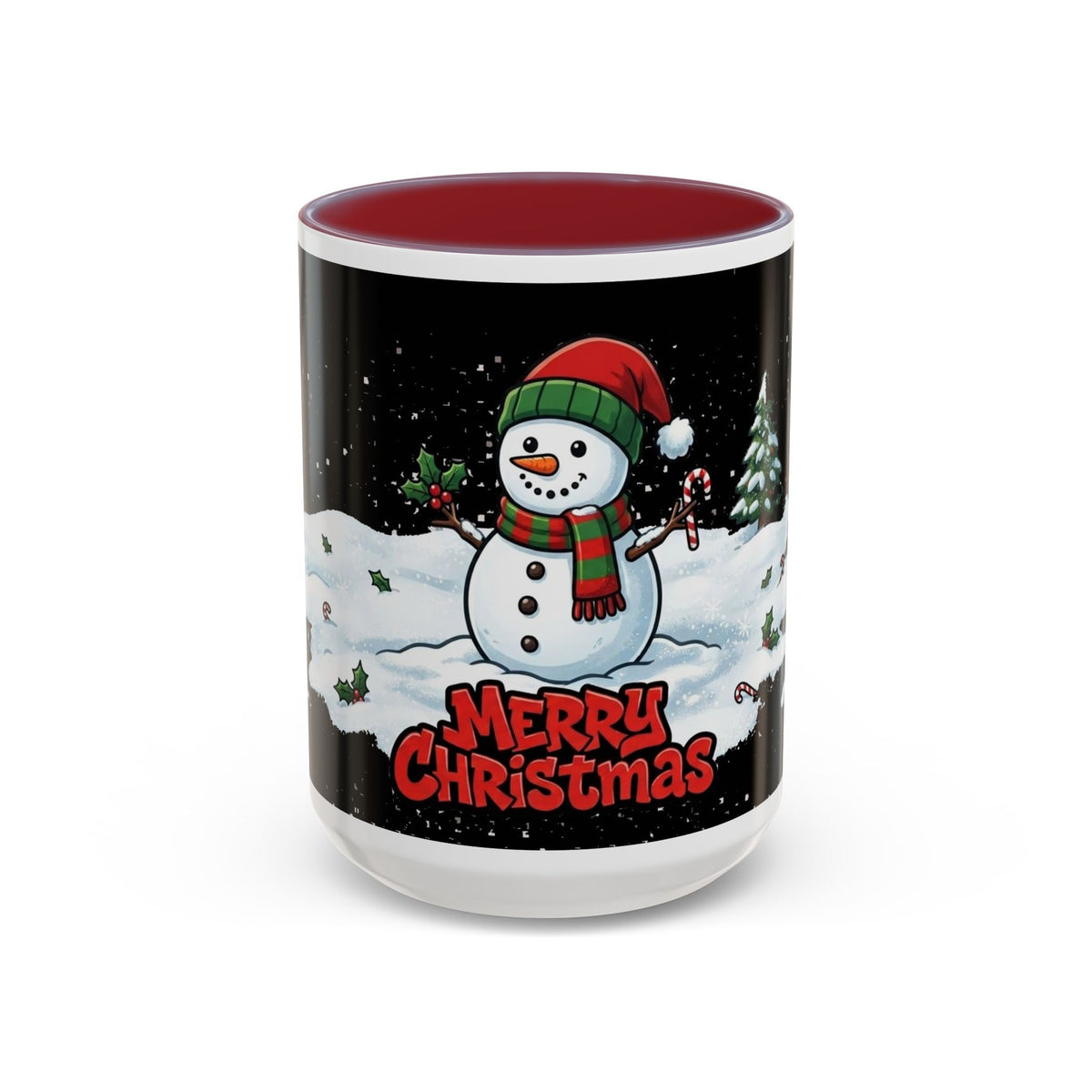 Merry Christmas Snowman Accent Coffee Mug — Festive Holiday 11/15oz