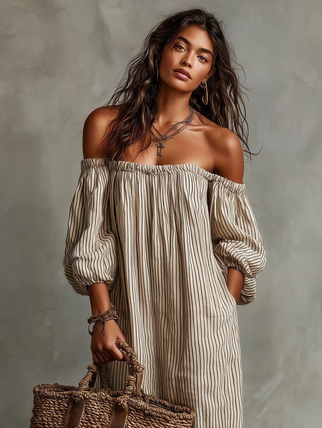 Striped Off-Shoulder Dress with Puff Sleeves