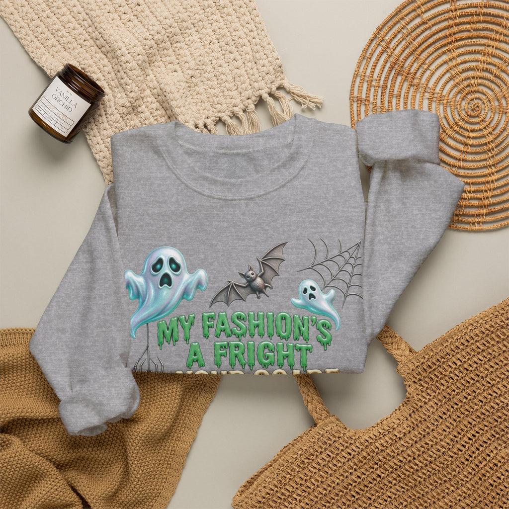 Halloween Ghost Crewneck Sweatshirt — "My Fashion's a Fright, Your Scare Is a Sight"