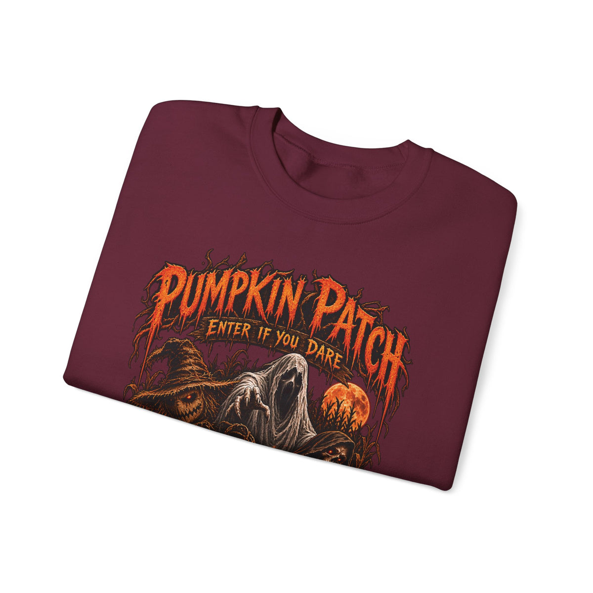 Pumpkin Patch Horror Crewneck Sweatshirt – Spooky Halloween Skull & Jack-O'-Lantern Design