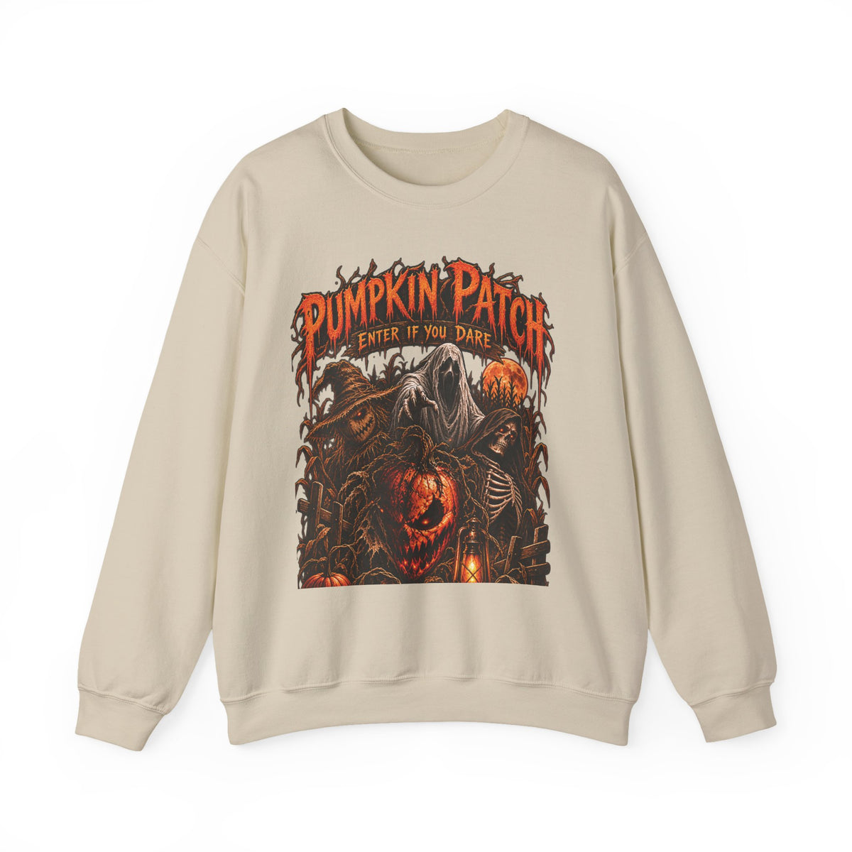 Pumpkin Patch Horror Crewneck Sweatshirt – Spooky Halloween Skull & Jack-O'-Lantern Design