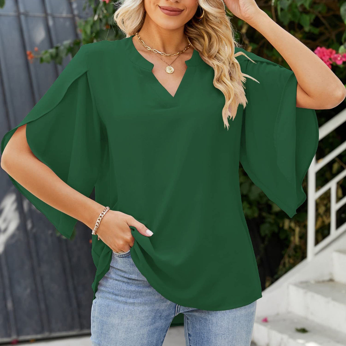 Womens Fashion Solid VNeck Chiffon Blouse