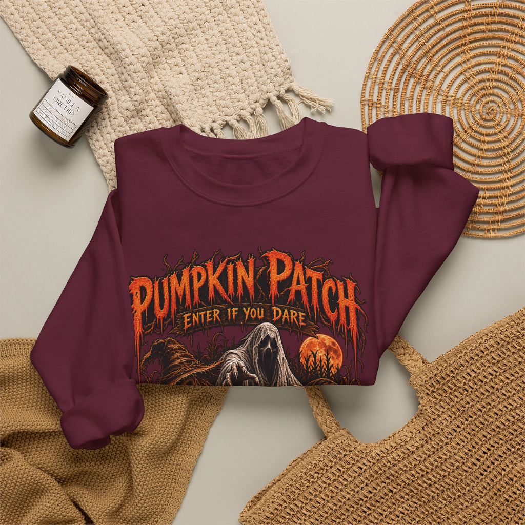 Pumpkin Patch Horror Crewneck Sweatshirt – Spooky Halloween Skull & Jack-O'-Lantern Design
