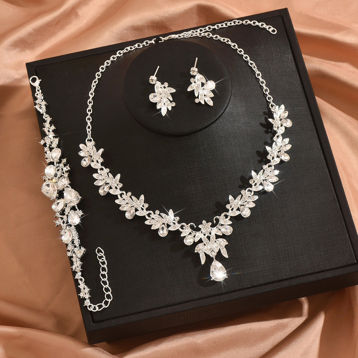 Leaf Design Rhinestone Necklace Earrings Bracelet Set