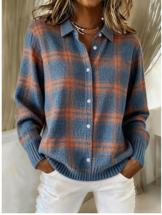 Sweater women's sweater top shirt collar check