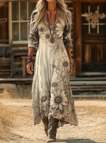 Women's printed long-sleeved V-neck dress