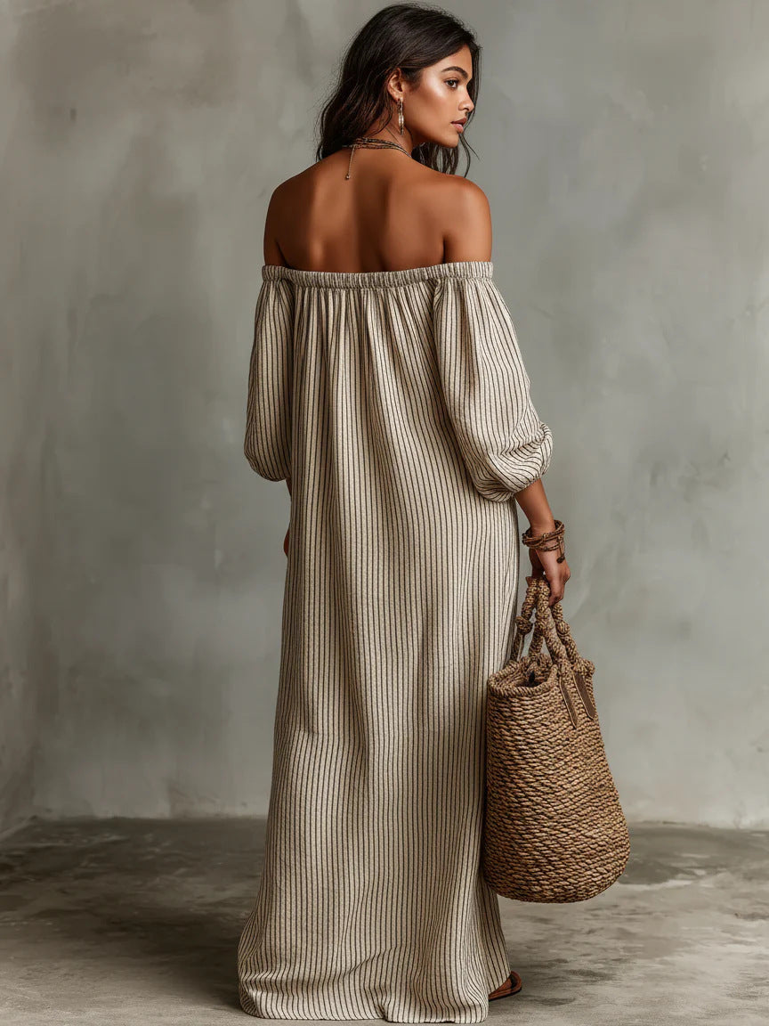 Striped Off-Shoulder Dress with Puff Sleeves
