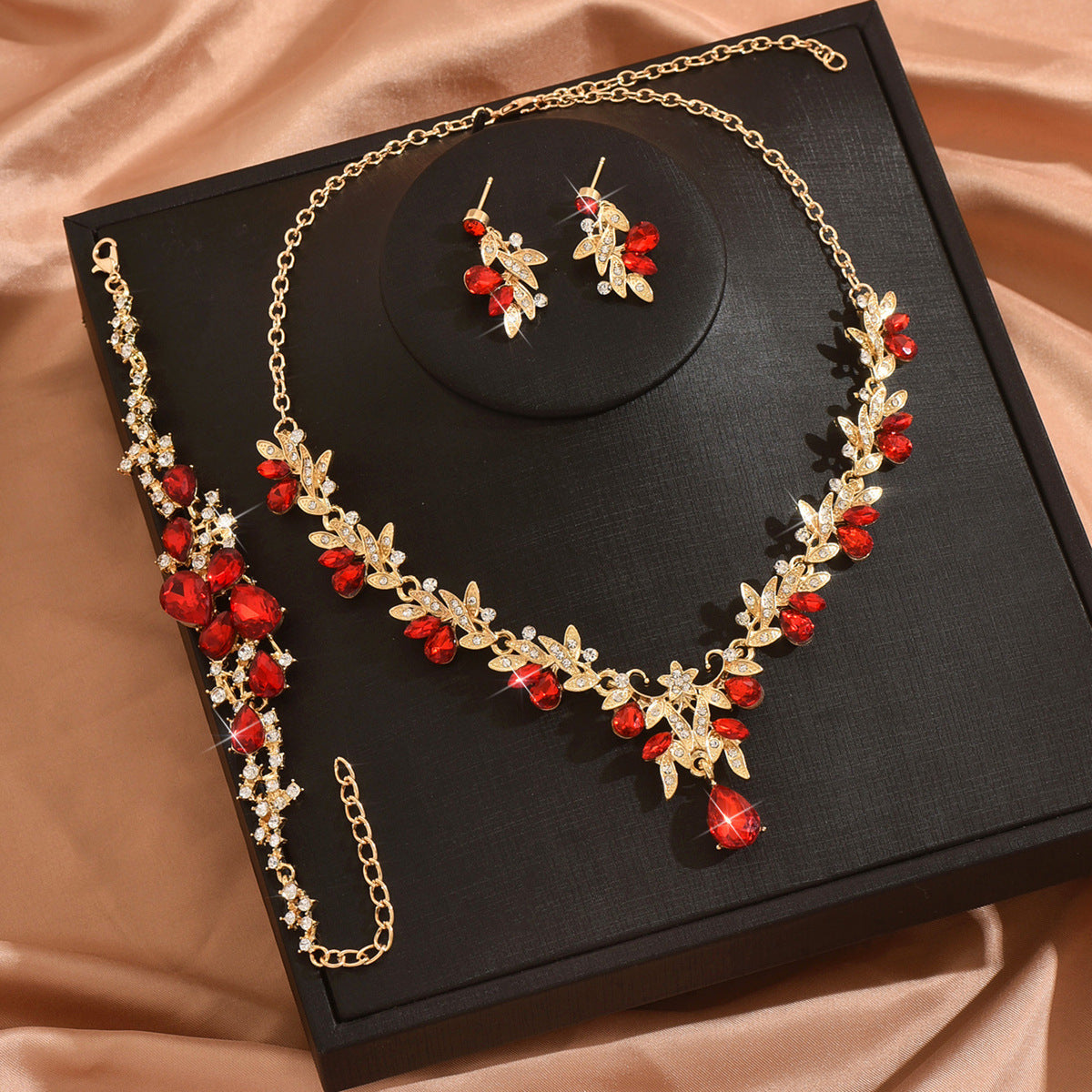 Leaf Design Rhinestone Necklace Earrings Bracelet Set
