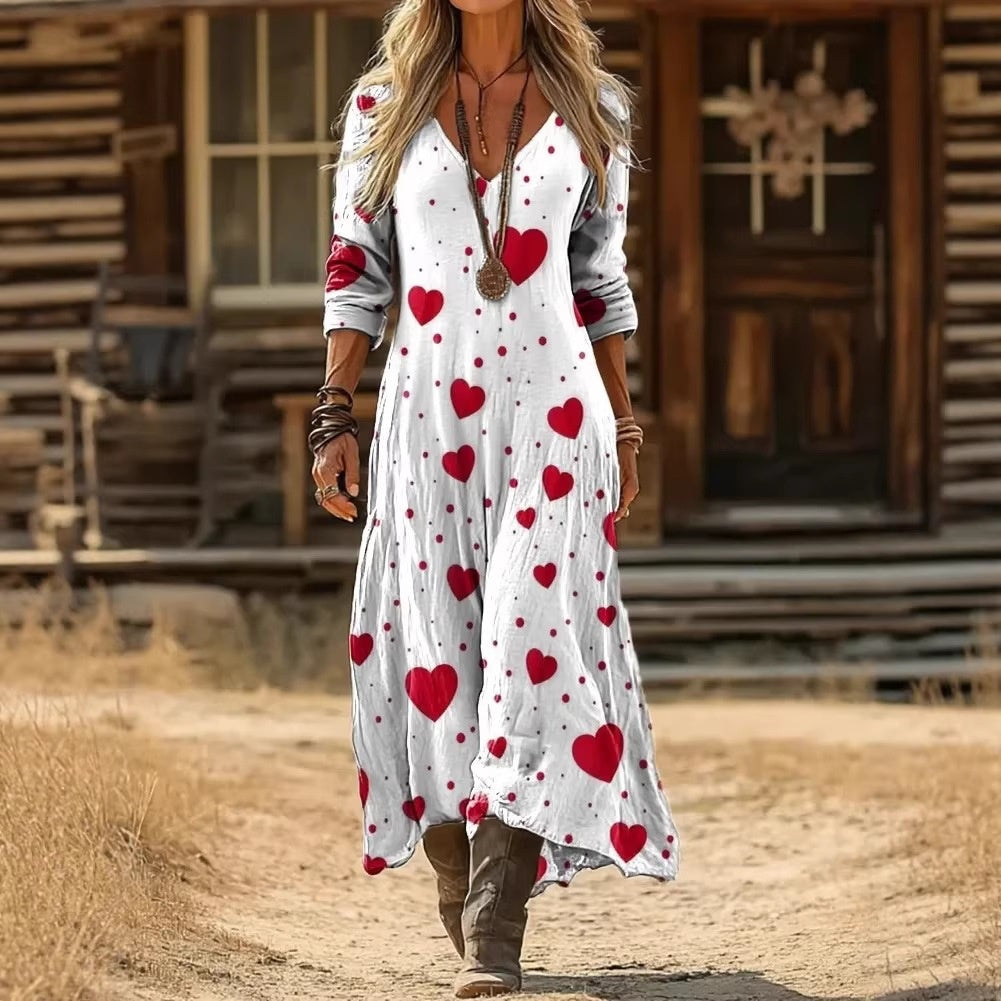 Women's printed long-sleeved V-neck dress