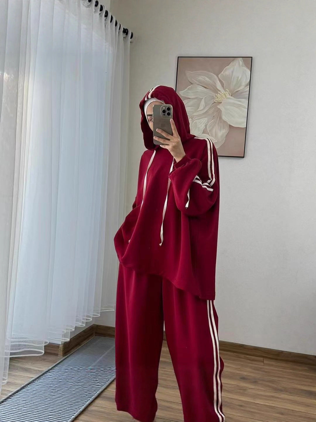 Women's Long Sleeve Hooded Wide Leg Pants Set