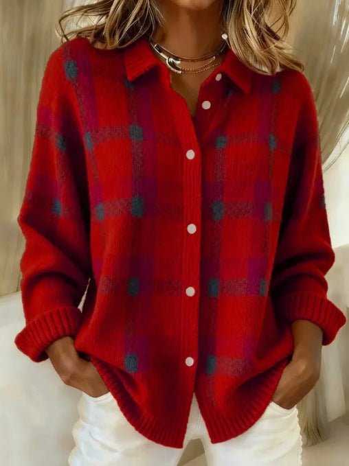 Sweater women's sweater top shirt collar check
