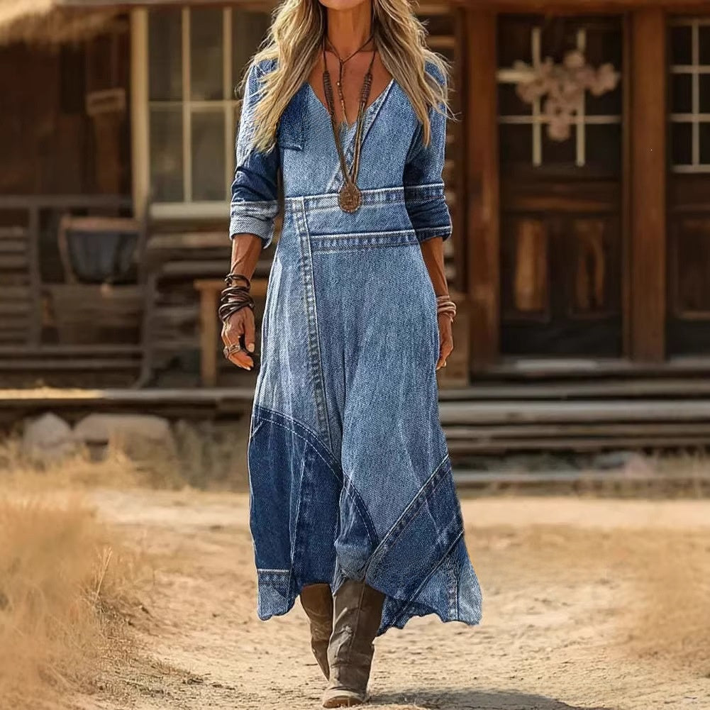 Women's printed long-sleeved V-neck dress
