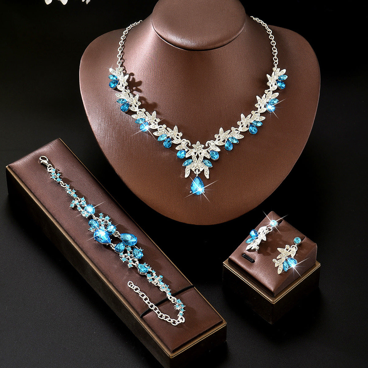 Leaf Design Rhinestone Necklace Earrings Bracelet Set
