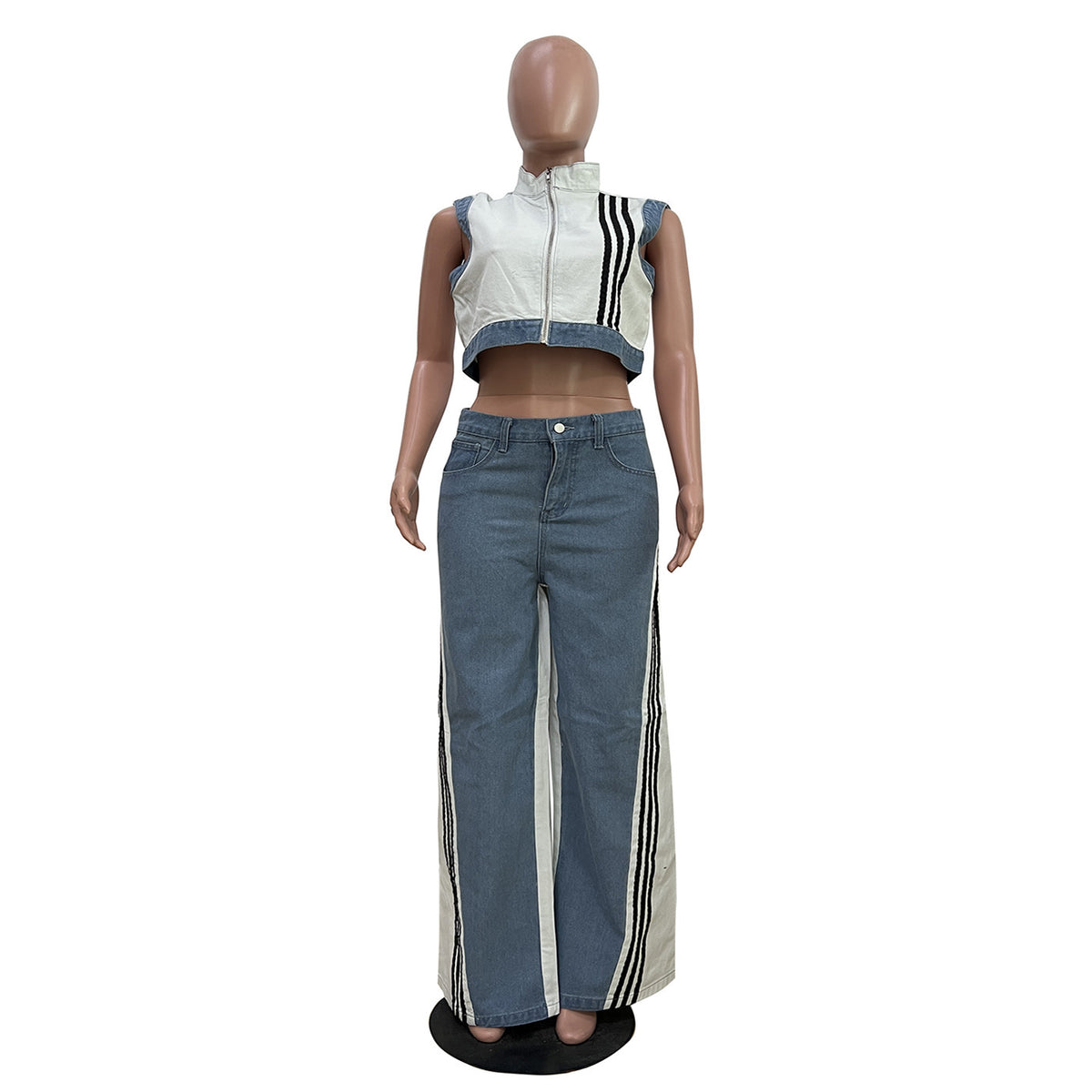 Casual Denim Top and Wide-Leg Pants Set
