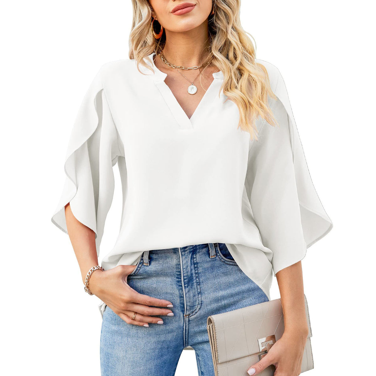 Womens Fashion Solid VNeck Chiffon Blouse