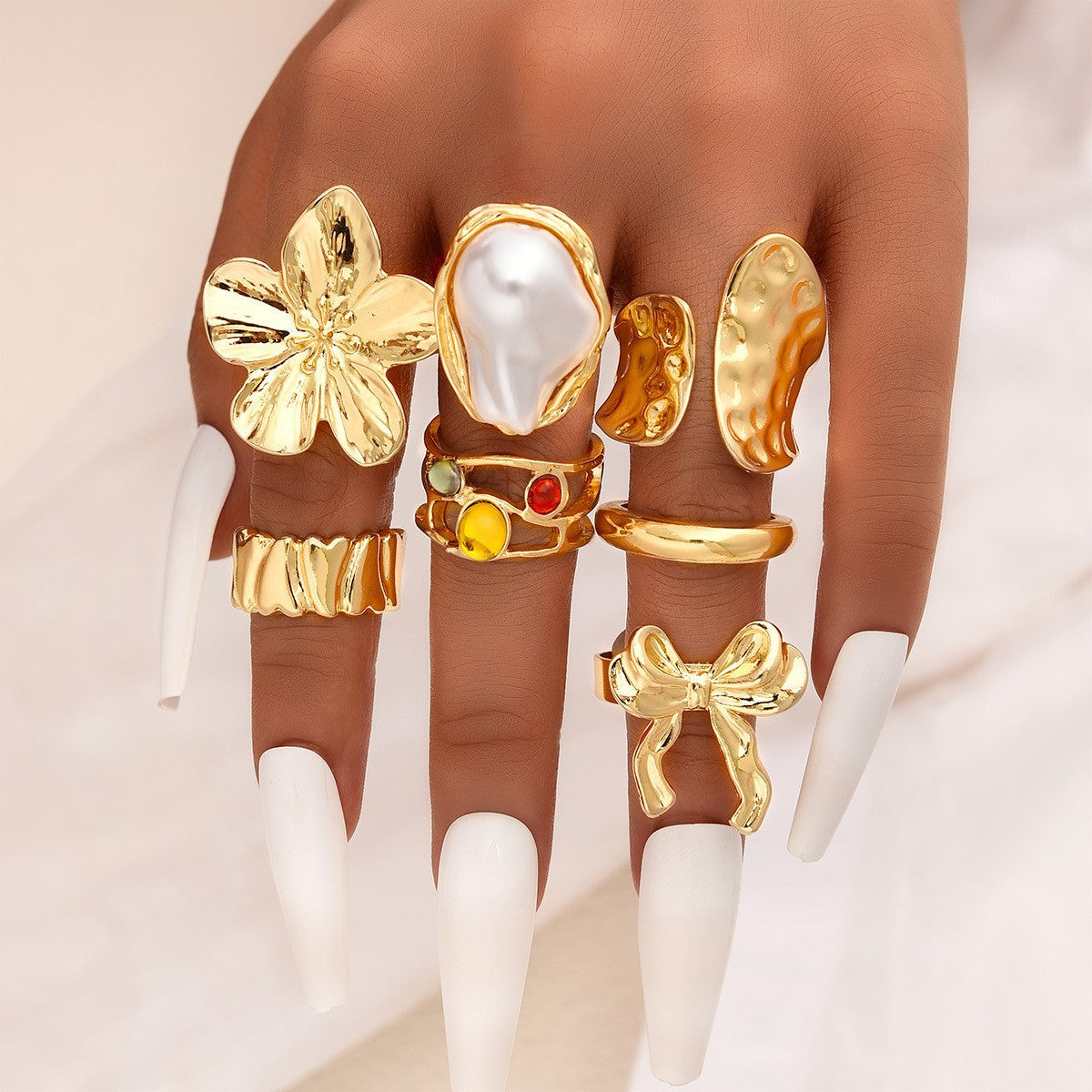 Stackable Gemstone Pearl Open Wide Rings for Women