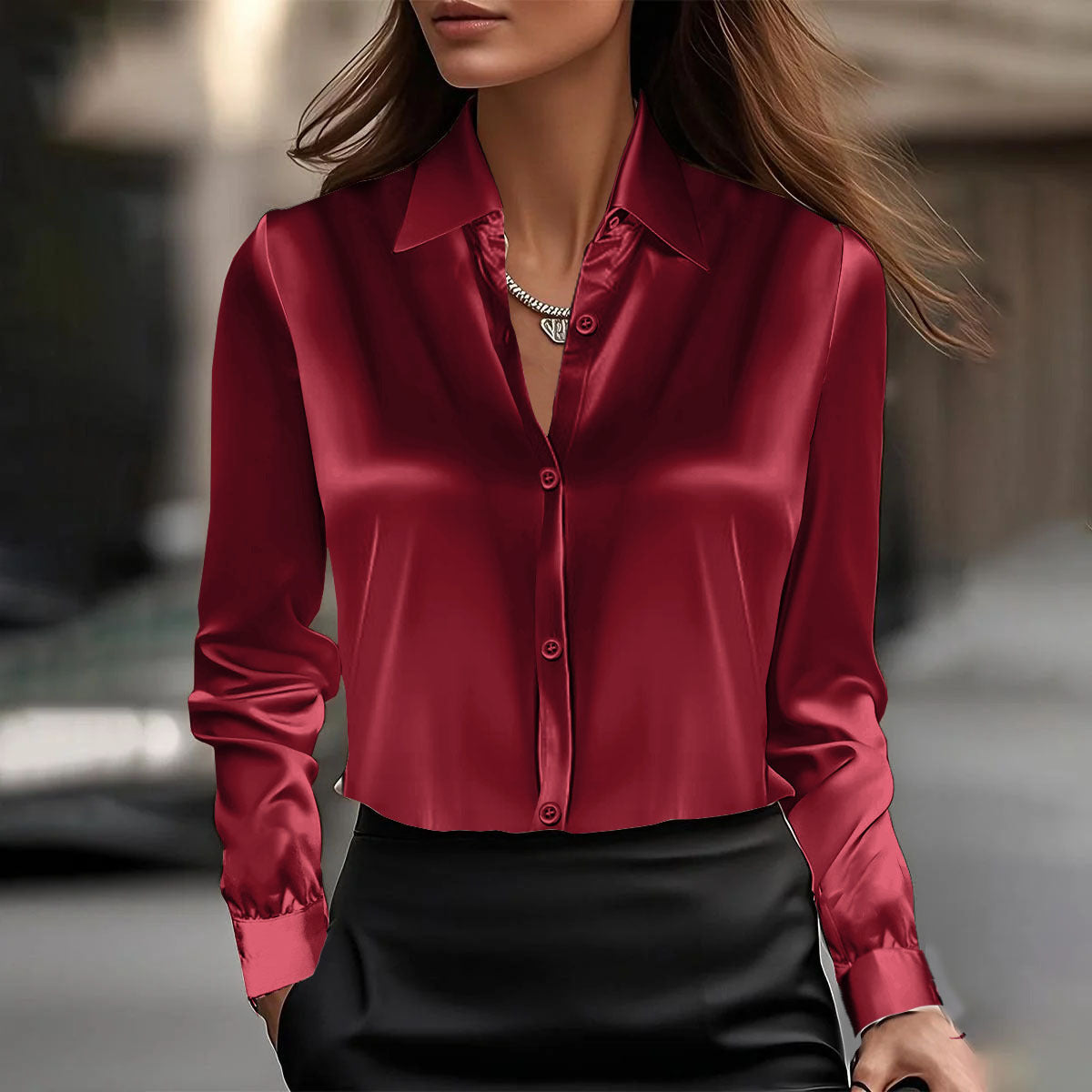 Elegant Long Sleeve Satin Swing Collar Shirt