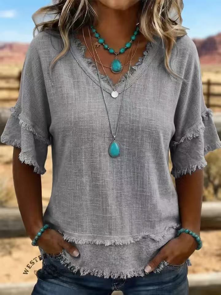 Womens V-Neck Short Sleeve Pullover Shirt