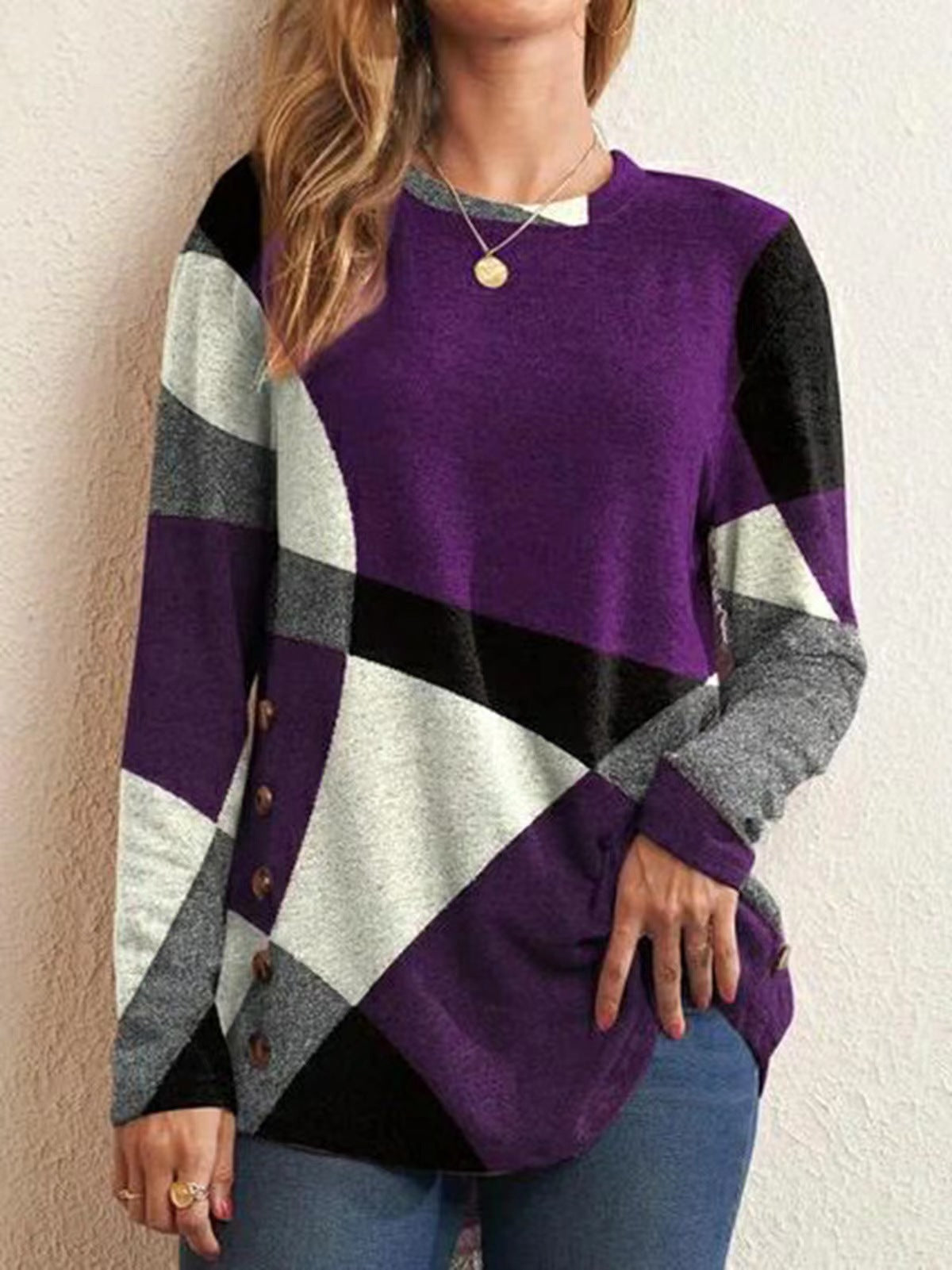 Womens French Cashmere Blend Printed Long Sleeve T-shirt