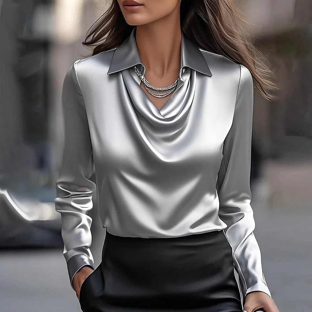 Elegant Long Sleeve Satin Swing Collar Shirt