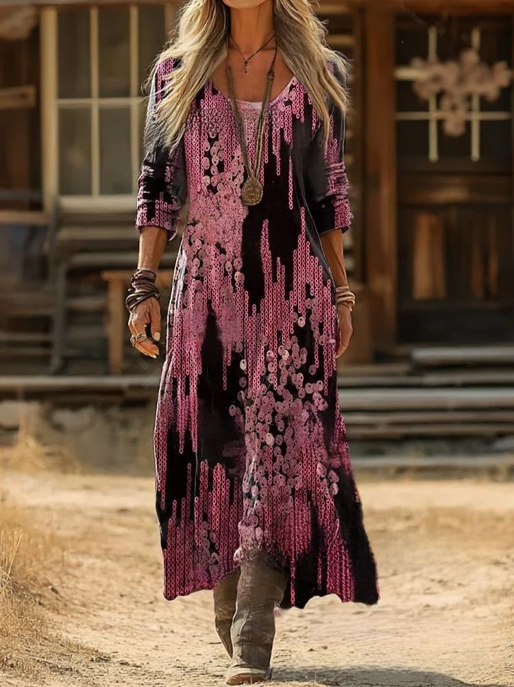 Women's printed long-sleeved V-neck dress