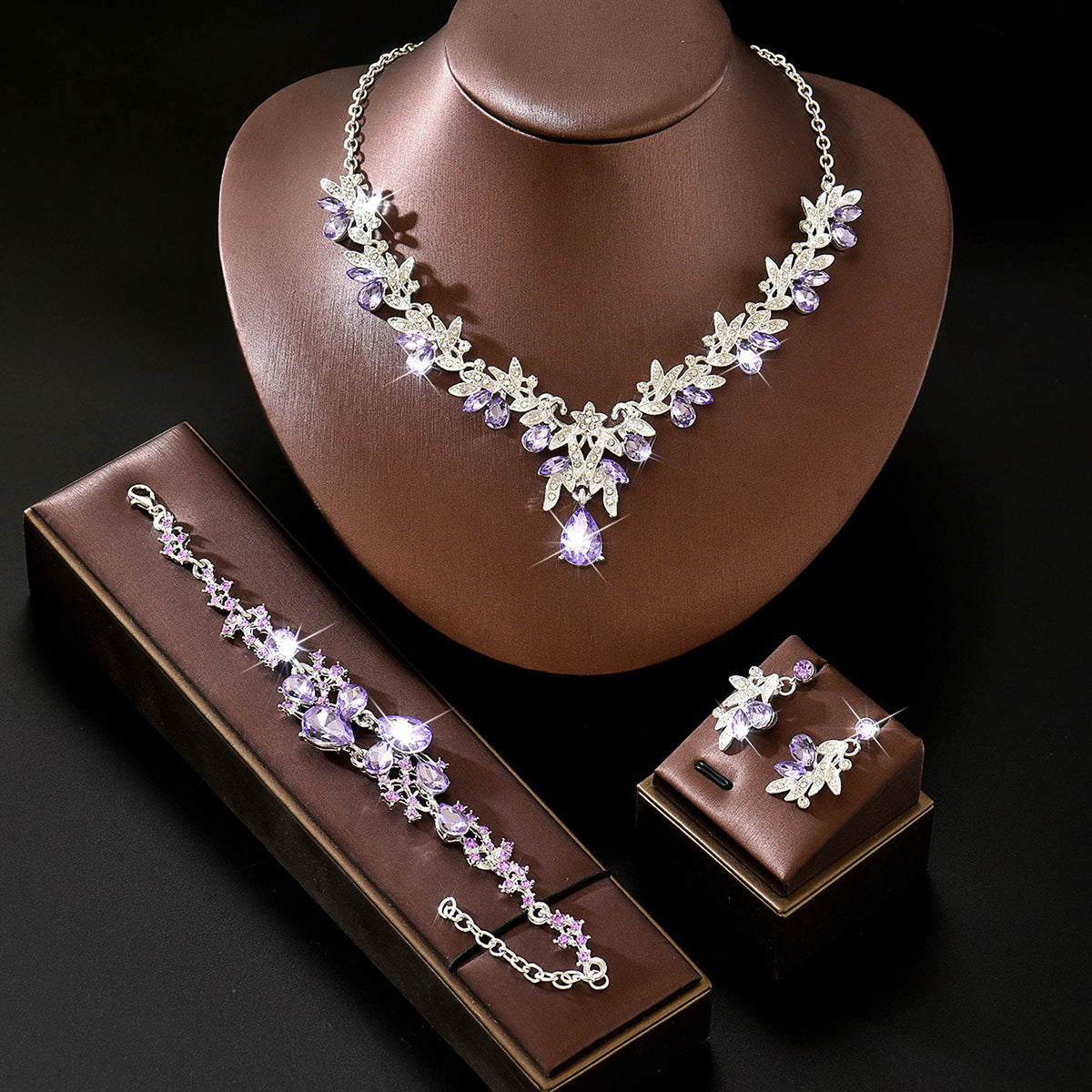 Leaf Design Rhinestone Necklace Earrings Bracelet Set