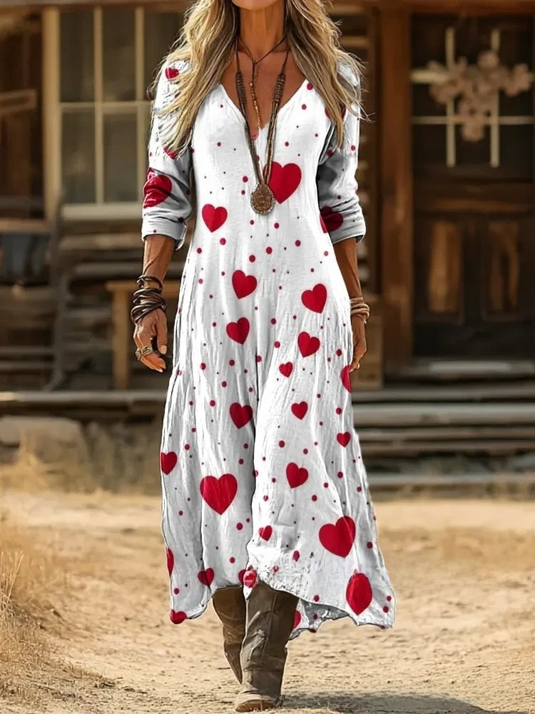 Women's printed long-sleeved V-neck dress