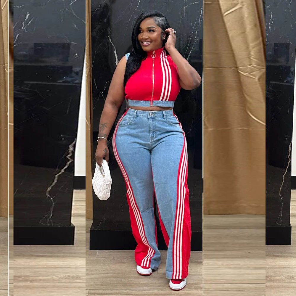 Casual Denim Top and Wide-Leg Pants Set