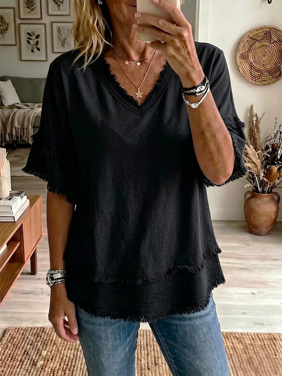 Womens V-Neck Short Sleeve Pullover Shirt
