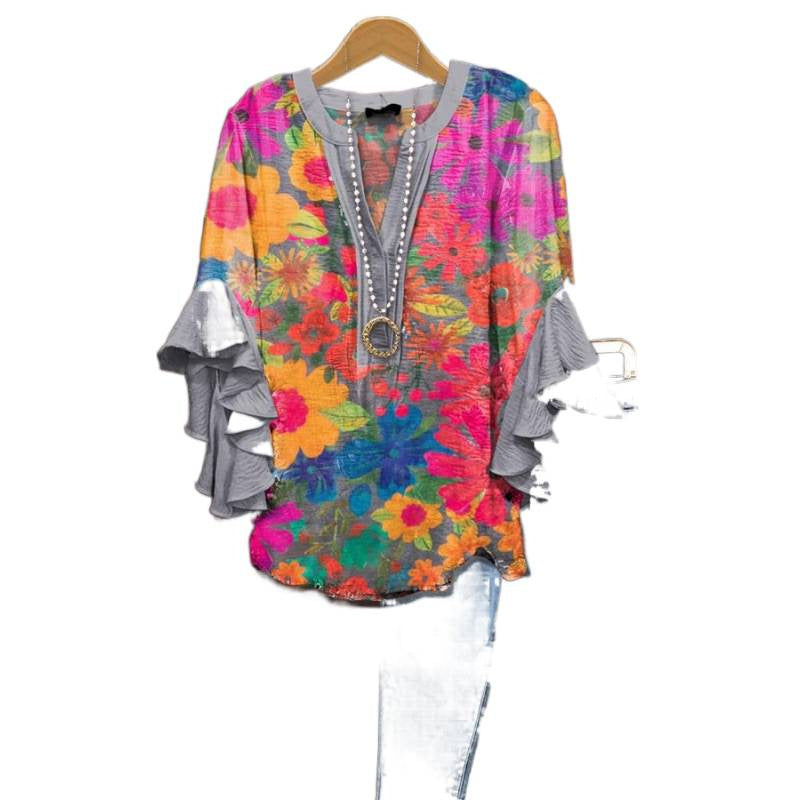 3D Floral Print V-Neck Ruffle Top