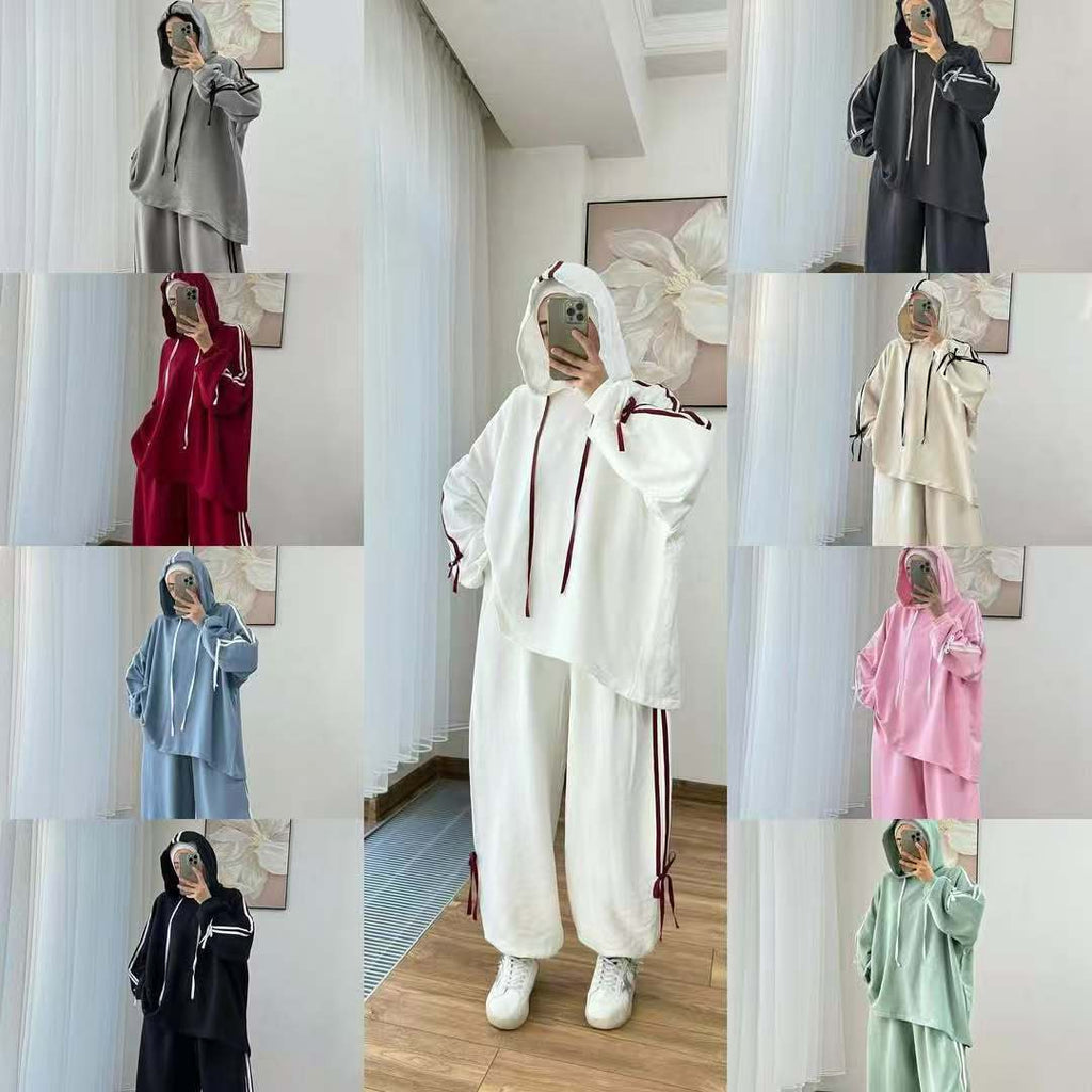 Women's Long Sleeve Hooded Wide Leg Pants Set