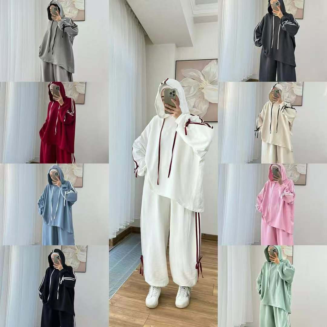 Women's Long Sleeve Hooded Wide Leg Pants Set