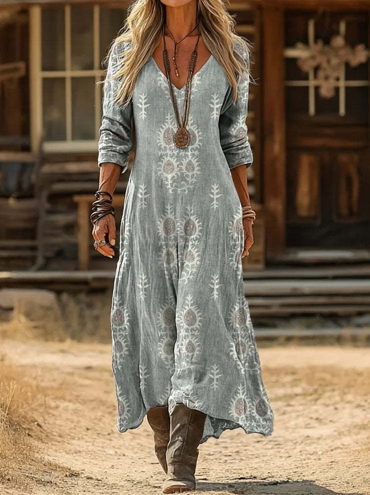 Women's printed long-sleeved V-neck dress